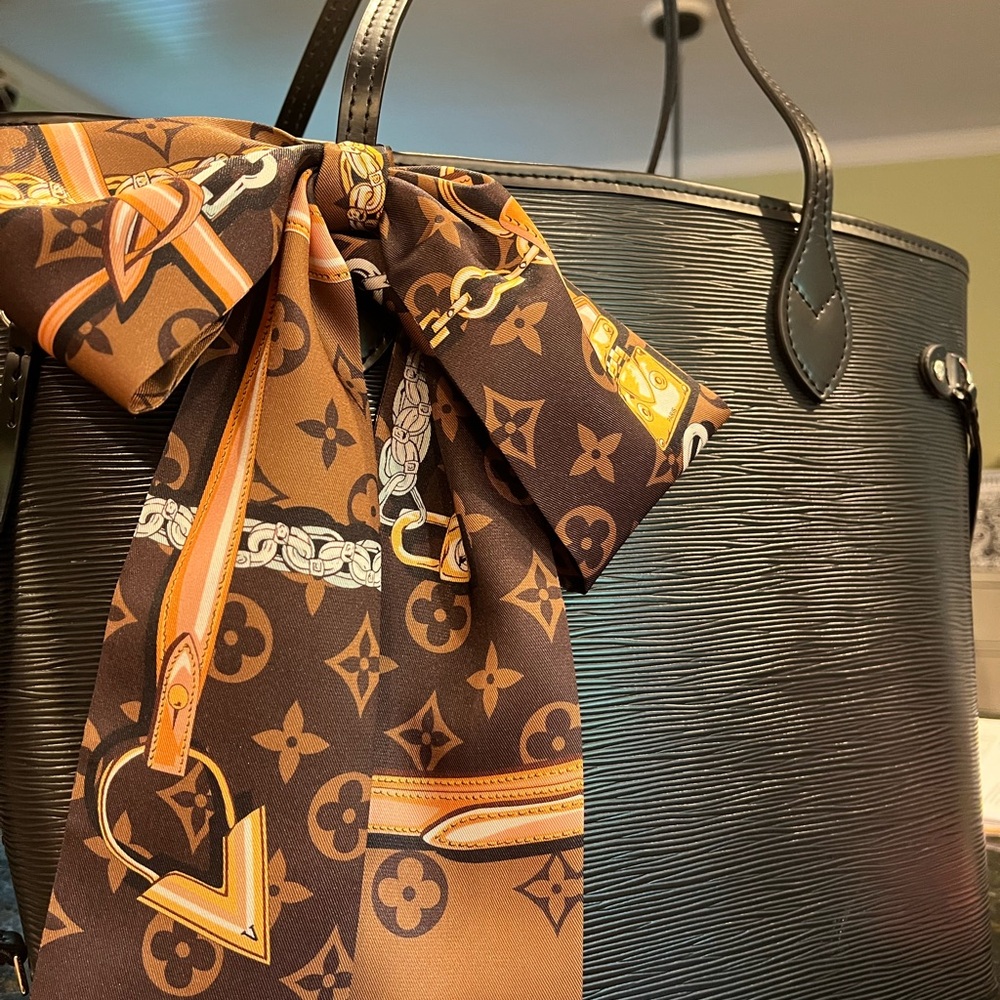 Luxury clover flower brown gold Pattern Scarf LONG 44” W3” easy tie on bag